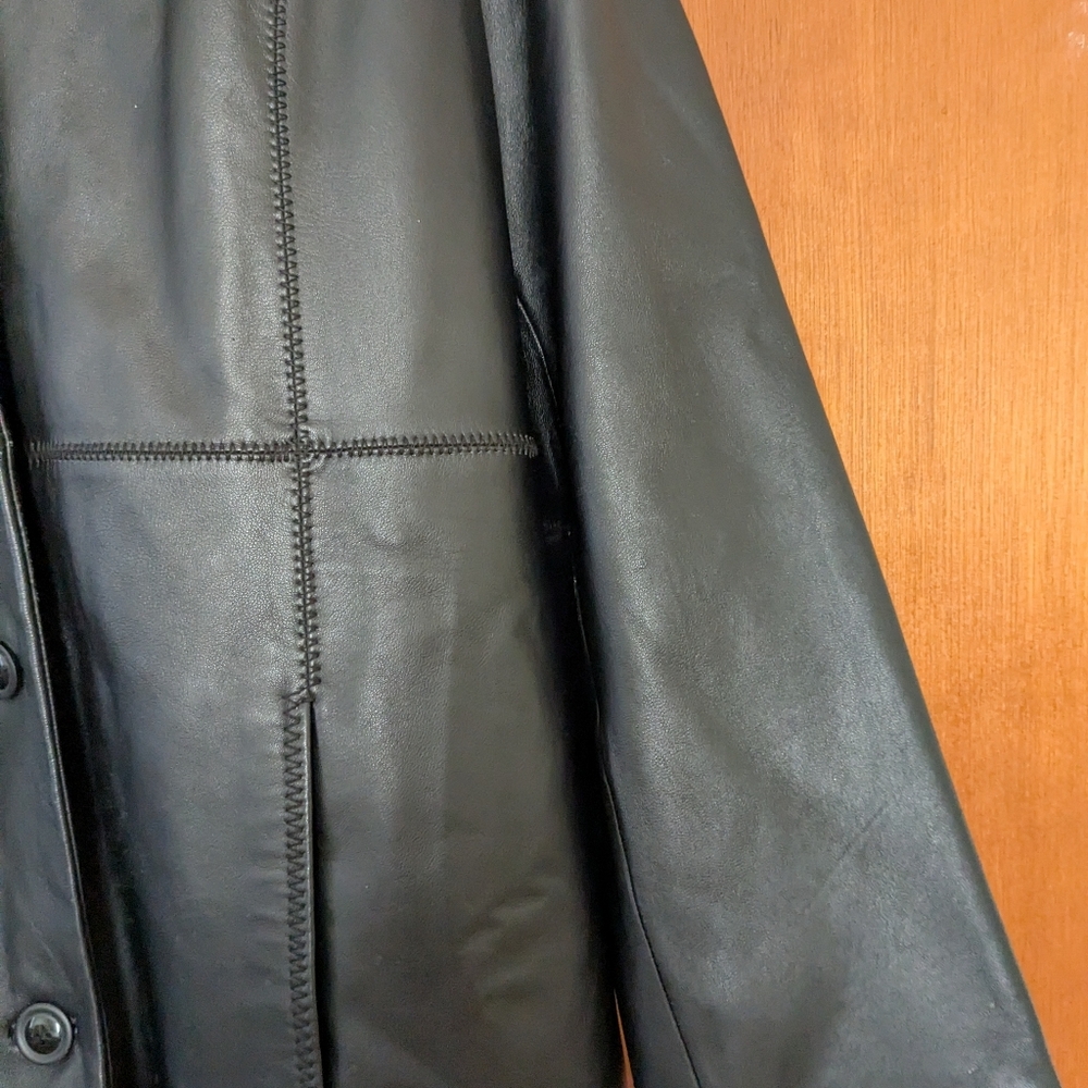 Vintage 90s grunge black leather fur collar full length trench coat button down - Picture 9 of 11